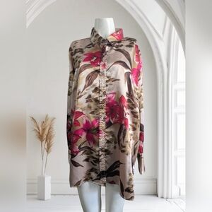 VTG Rebecca Jones Women's 1X Floral Satin Button Up Shirt Blouse Top